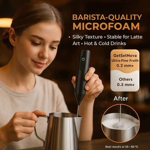 Woman using Rechargeable Milk Frother And Coffee Whisk With Dual Spring Tech, Whisper Quiet, Long Lasting Battery, Up To 30 Days Of Frothing Per Charge, Easy To Use Kitchen Gadget With 1 Year Replacement Warranty to create microfoam in metal pitcher.