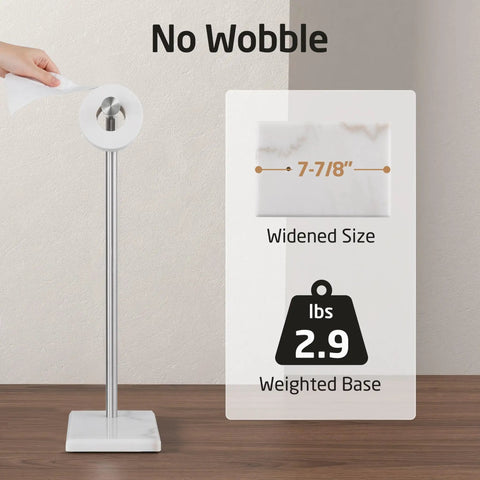 Natural Marble Toilet Paper Holder Stand Freestanding Stainless Steel With Brushed Finish Heavy Marble Base Keeps It From Tipping Durable Bathroom Tissue Roll Holder Easy Access Toilet Paper Stand For Your Bathroom with widened size and 2.9 lbs weighted base, shown in modern bathroom setting.
