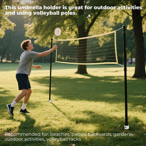 Man playing badminton beside volleyball net in park, supported by 17 Inch Stainless Steel Screw In Ground Stakes With Deep Spiral Anchor