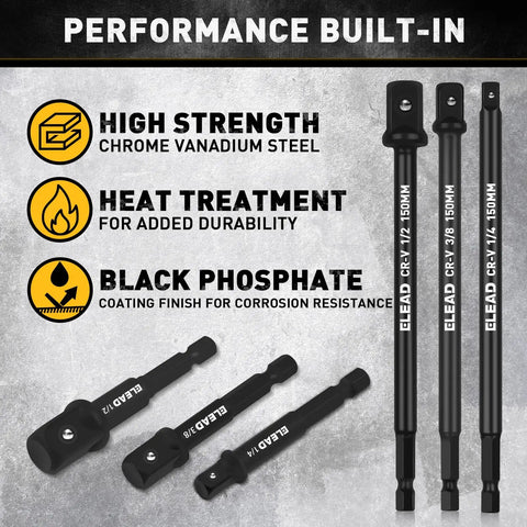 11-Piece Impact Socket Adapter Set with one quarter, three eighth, and one half inch drives on display with durability features