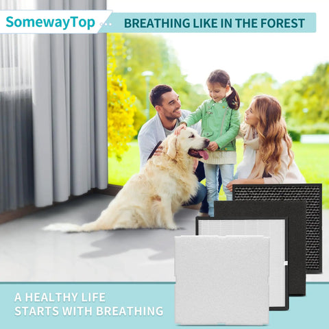 Family with dog at home featuring Replacement Filter Kit For MinusA2 Purifiers With H13 HEPA Odor Remover Activated Carbon And Pre Filter 4 Pack.
