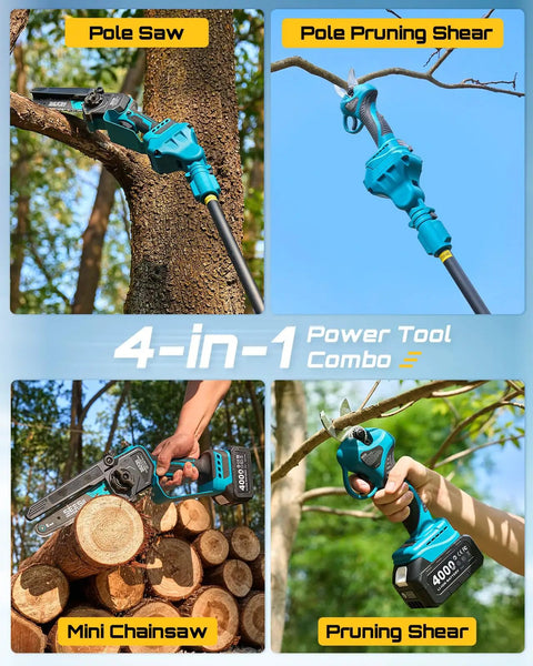 4 In 1 Pole Saw And Pruning Shears Kit For Tree Trimming Battery Powered Mini Chainsaw With Extension Pole Limb Cutter And Pruner