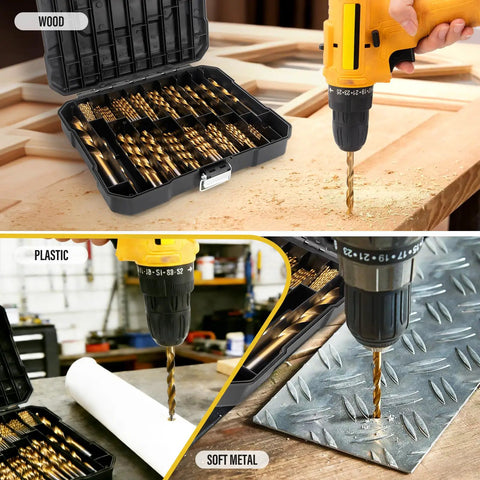 230 Pcs Drill Bit Set With 135 Degree Tip High Speed Steel Titanium Coated Twist Drill Bits drilling wood, plastic, and metal
