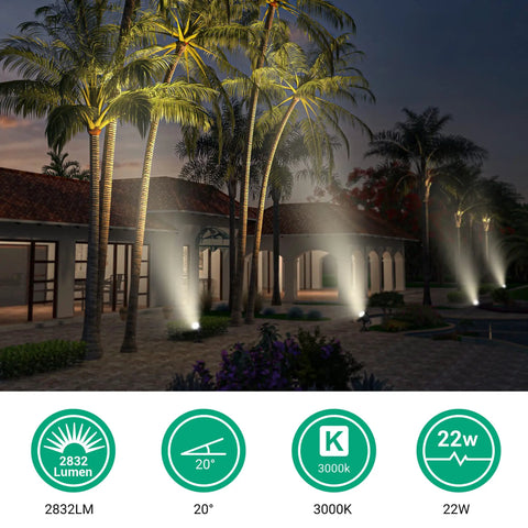 22W Outdoor LED Flag Pole Spotlight With 20 Degree Beam, Waterproof Ground Landscape Lighting, 2832LM 3000K Warm White, Perfect For Flags, Walls, Trees And Palm Foliage, 120V UL Listed, 2 Pack