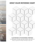 Grout color reference chart with various shades next to illustration of Metro Rhombus Matte White Porcelain Tile For Floor And Wall.