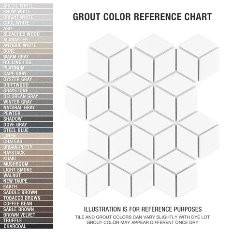 Grout color reference chart with various shades next to illustration of Metro Rhombus Matte White Porcelain Tile For Floor And Wall.