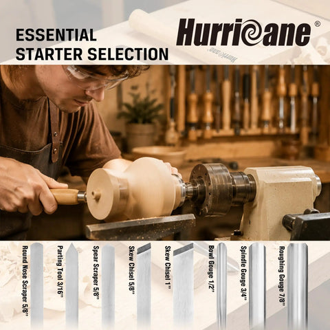 Woodturning with Eight Piece Wood Lathe Chisel Set With M2 HSS Blades and Ten Inch Solid Hardwood Handles in use.