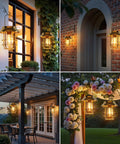 Two Pack Solar Lanterns Outdoor Waterproof Hanging Lights with warm glow illuminating patio and garden area, retro metal style.
