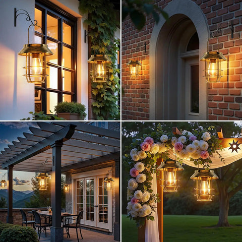 Two Pack Solar Lanterns Outdoor Waterproof Hanging Lights with warm glow illuminating patio and garden area, retro metal style.