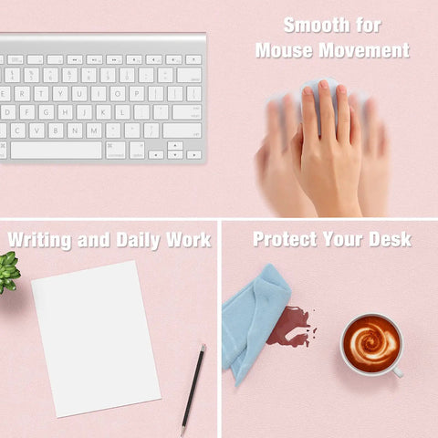 Pink Desk Pad 30x14 Inch PU Leather Desk Mat Waterproof Non Slip Ultra Thin XL Extended Mouse Pad For Laptop Keyboard Writing Surface At Office Or Home Large Desk Protector For Scratches And Stains with coffee spill protection, keyboard and writing use.