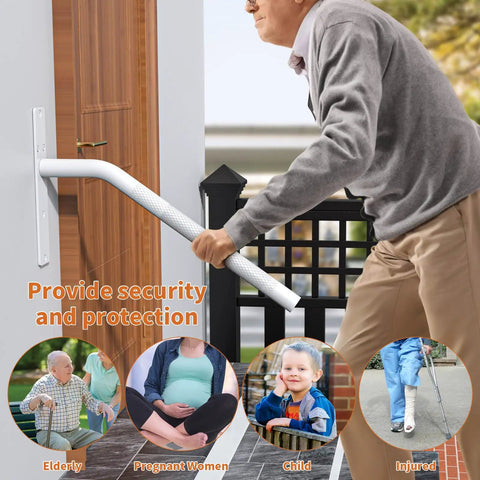 Slick 16 Inch Matte White Stair Handrail Rock Solid Anti Slip Knurled Grip Outdoor Porch Railing used by elderly for support.