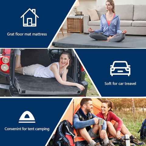 Memory Foam Camping Mattress Pad For Adults CertiPUR-US High-Density Roll-Up Sleeping Pad in car, living room, and camping scenes