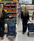 Woman using Ultra Lightweight Foldable Grocery Cart With 42L Capacity Rugged Aluminum Frame Rubber Wheels Removable Insulated Bag Liner