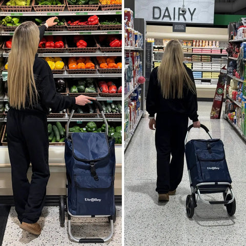 Woman using Ultra Lightweight Foldable Grocery Cart With 42L Capacity Rugged Aluminum Frame Rubber Wheels Removable Insulated Bag Liner