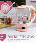 Pink Glass Electric Kettle 1.8 Liter With 1100 Watt Fast Boil Auto Shut Off Boil Dry Protection, led indicator, 360 degree base.
