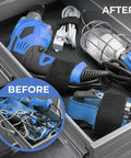Before and after image showing tools organized with Reusable Cinch Straps 1 Inch By 12 Inch Premium Multipurpose Hook And Loop Safety Straps 15 Pack