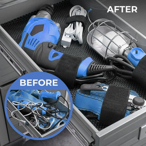 Before and after image showing tools organized with Reusable Cinch Straps 1 Inch By 12 Inch Premium Multipurpose Hook And Loop Safety Straps 15 Pack