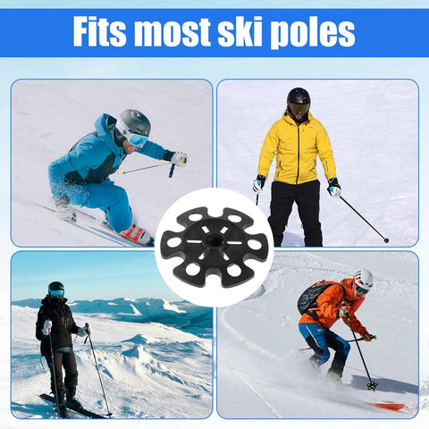 8 Pack Snow Baskets For Trekking Poles 3.35 Inch Diameter shown with skiers on snowy slopes