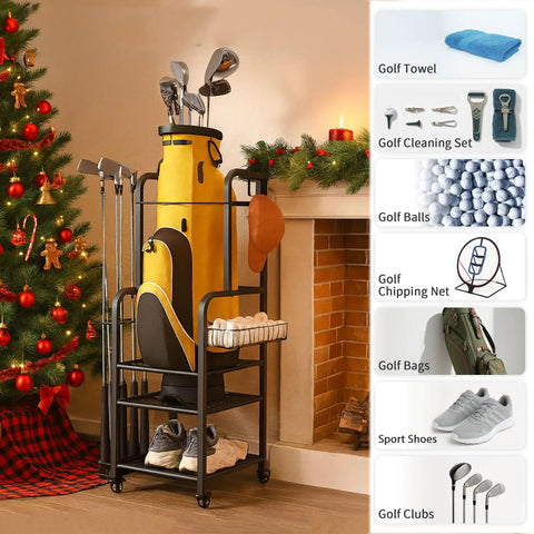 All In One Golf Bag Organizer With Wheels For Garage Storage Holds 1 Bag 8 Club Rack 2 Tier Shoe And Accessory Shelves