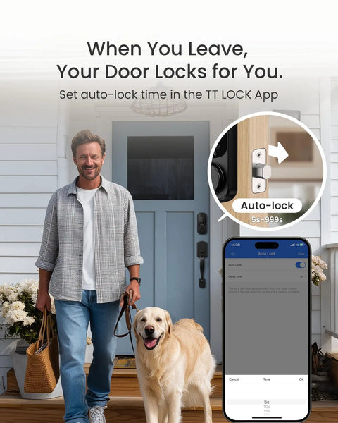 Man with dog by front door featuring Ultra Secure WiFi Fingerprint Smart Door Lock With Remote App Control And Digital Keypad.