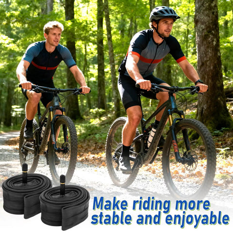 Two cyclists on mountain bikes with Two Pack 20 Inch Bike Tubes With 32mm Schrader Valve For 20x1.75 To 2.125 Inch Tires overlay.