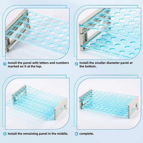 Assembly steps for Heavy Duty 50 Hole Test Tube Rack For 13, 16, And 18mm Tubes, Multi Layer Detachable Tray Lab Holder