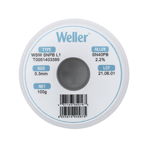 Sn60Pb40 Solder Wire With 2.2% Flux, 0.3 mm Diameter, 100 g Spool top view showing product specifications and barcode