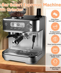 Next Level 15 Bar Espresso Machine With Solid Conical Burr Grinder And Creamy Milk Frother Brewing Killer Latte And Cappuccino Daily With PID Temp Control LCD Display on kitchen counter.