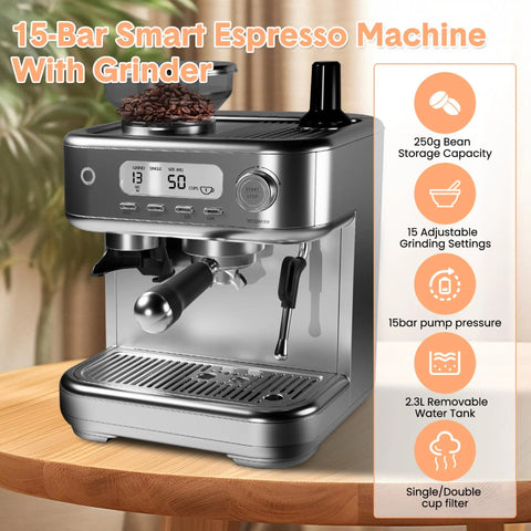 Next Level 15 Bar Espresso Machine With Solid Conical Burr Grinder And Creamy Milk Frother Brewing Killer Latte And Cappuccino Daily With PID Temp Control LCD Display on kitchen counter.