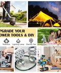 Collage showing Power Wheel Adapter Pack for 20V and 18V Battery Systems in various DIY and power tool applications.
