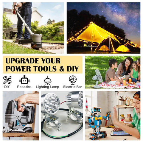 Collage showing Power Wheel Adapter Pack for 20V and 18V Battery Systems in various DIY and power tool applications.