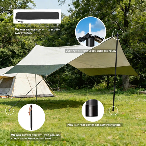 Beefy Adjustable Tarp Poles For Canopies And Tarps with tent setup, showing poles, bag, stakes, and non-slip tip in a camping scene.