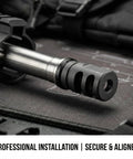 Crush Washer For 5/8-24 Threads For 30 Cal Muzzle Devices 5 Pack Black Oxide Steel Precision Machined Conical Design Corrosion Resistant Ensures Proper Alignment And Reduces Thread Stress installed on rifle barrel, close-up view.