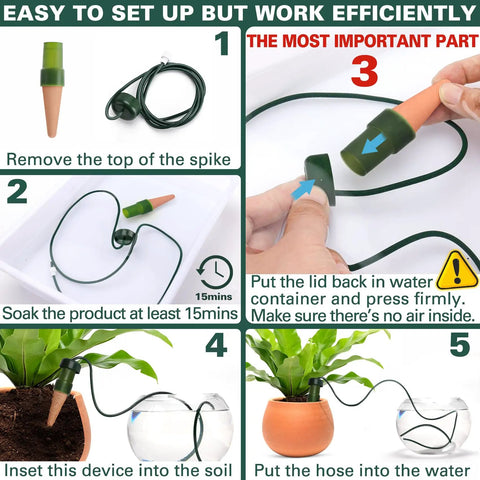 Installation steps for Self Watering Stakes For Indoor Outdoor Plants, Terracotta Drippers, Automatic Watering Spikes, 5 Pack