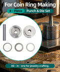 Coin Ring Making Kit With Four Piece Punch And Die Set Self-Centering Metal Hole Punch Tool Kit displayed on workbench
