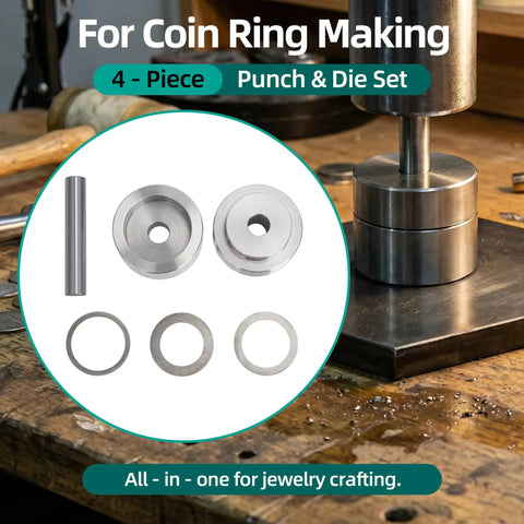 Coin Ring Making Kit With Four Piece Punch And Die Set Self-Centering Metal Hole Punch Tool Kit displayed on workbench