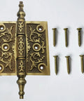 Gold Tone Victorian Iron Hinge Set 6x3.5 Inch Ornate Steeple Tip Hardware with screws, antique style 2 pack