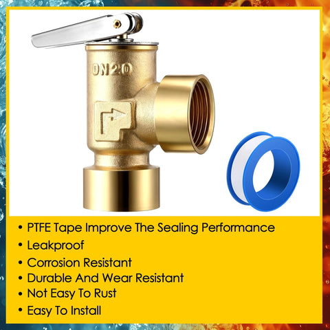 Front view of Gulfmew brass pressure relief valve, 3/4 in female NPT x 3/4 in female NPT, lever-operated with blue PTFE tape.