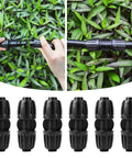 Half Inch Drip Irrigation Fittings Barbed Elbow Connectors Six Pack Straight Up Leak Resistant Twist Lock Design No Sweat Assembly for connecting hoses in garden.