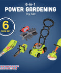 Six Piece Power Gardening Toy Set For Kids Ages 3 And Up Featuring A Child Safe Leaf Blower, Chainsaw, Lawn Mower, Weed Trimmer, Goggles, Gloves