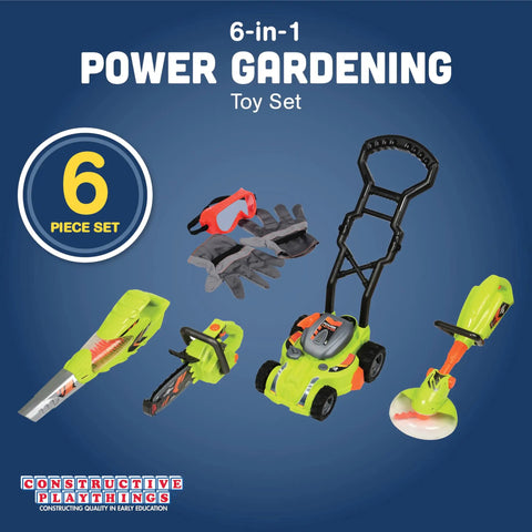 Six Piece Power Gardening Toy Set For Kids Ages 3 And Up Featuring A Child Safe Leaf Blower, Chainsaw, Lawn Mower, Weed Trimmer, Goggles, Gloves