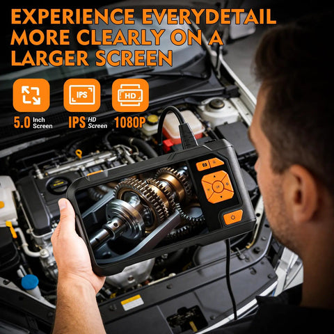Dual Lens Endoscope Camera With Light 1080P HD Borescope 5 Inch IPS Screen showing car engine inspection