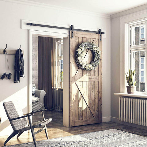 Heavy Duty Sliding Barn Door Hardware Kit For 6-Foot Track System With Smooth Quiet Glide For 36-Inch Doors Two-Piece Rail Black Finish J-Shape