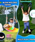 Kids enjoying 7-In-1 Metal Swing Set with LED blow-molded swing and trapeze. Yellow and blue multi-station for backyard fun.