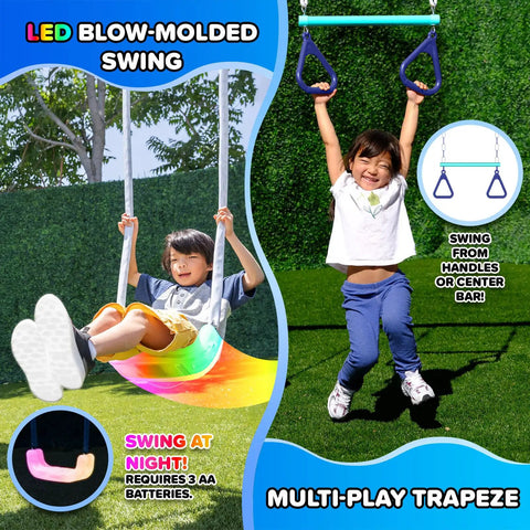 Kids enjoying 7-In-1 Metal Swing Set with LED blow-molded swing and trapeze. Yellow and blue multi-station for backyard fun.