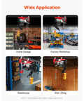 Four applications of 440 lb Electric Hoist with 110V Power, zinc plated steel wire, shown in garage, workshop, warehouse, attic