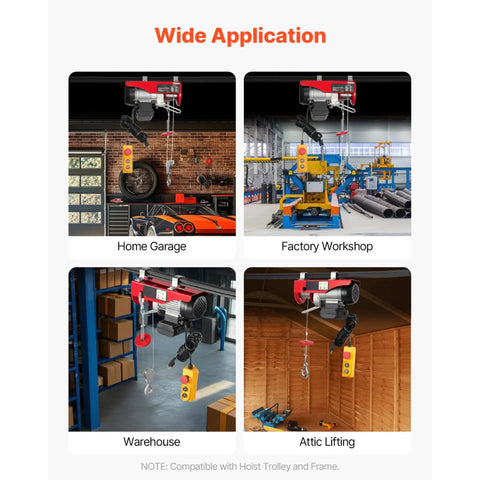 Four applications of 440 lb Electric Hoist with 110V Power, zinc plated steel wire, shown in garage, workshop, warehouse, attic