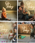 Collage of happy families with 'Oh Baby' Custom Neon Sign For Any Party Oh Baby Warm White LED Neon Light For Bachelorette Party Birthday Wedding Engagement Bar Club Wall Decor Large Neon Sign With Custom Color Size Font And Text Lines in room settings.