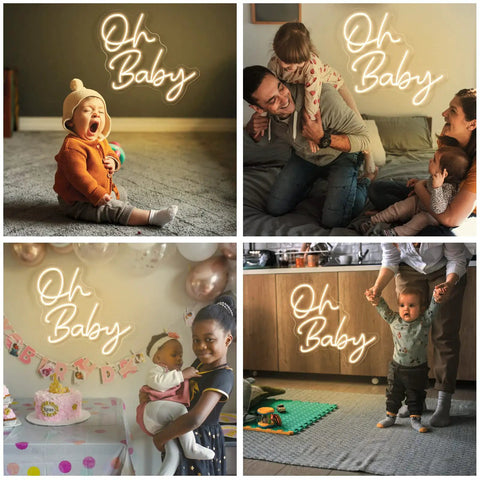 Collage of happy families with 'Oh Baby' Custom Neon Sign For Any Party Oh Baby Warm White LED Neon Light For Bachelorette Party Birthday Wedding Engagement Bar Club Wall Decor Large Neon Sign With Custom Color Size Font And Text Lines in room settings.