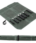 Waxed Canvas Knife Roll Bag With Seven Slots, Portable Cutlery Roll Case for knives and tools, green with knife handles visible